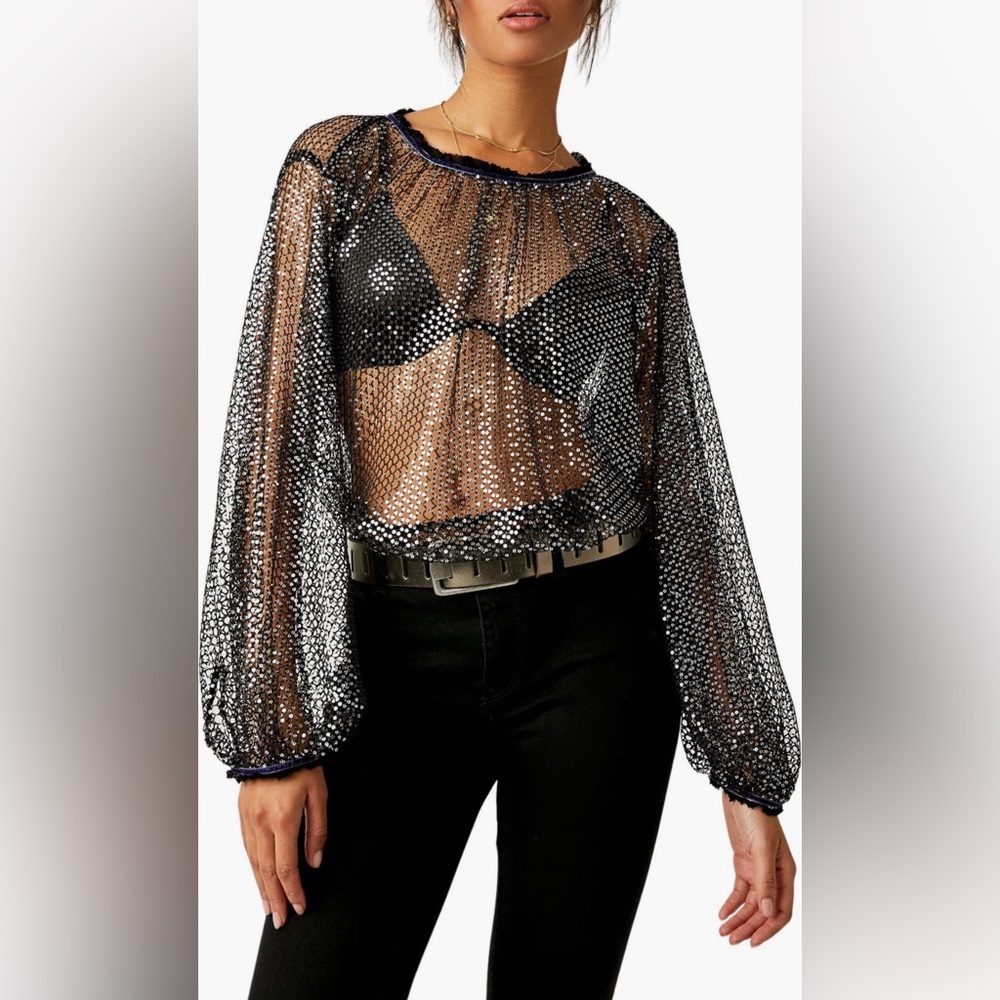 Free People Black Sequin Mesh Long Sleeve Crop Top Size Small